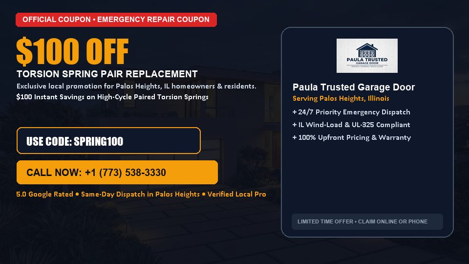Paula Trusted Garage Door $100 OFF Dual Torsion Spring Replacement in Palos Heights, IL